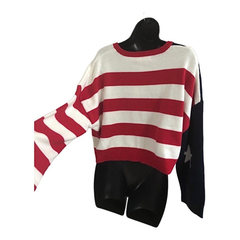 Red White & Blue American flag patriotic knit long sleeve sweater size large new - Picture 6 of 8